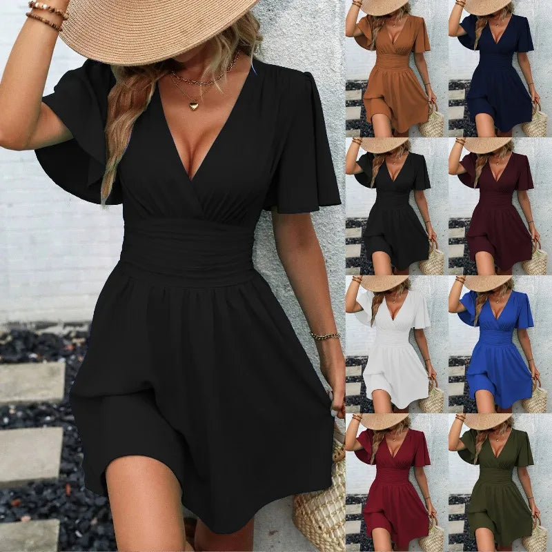 Woman Summer New Arrival V-Neck Ruffled Sleeve Dress