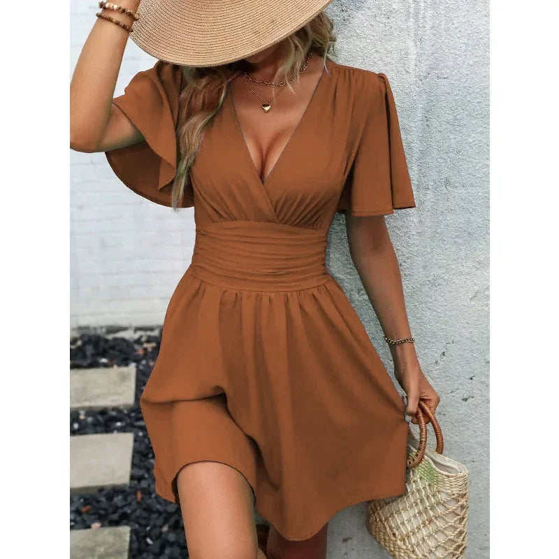Woman Summer New Arrival V-Neck Ruffled Sleeve Dress