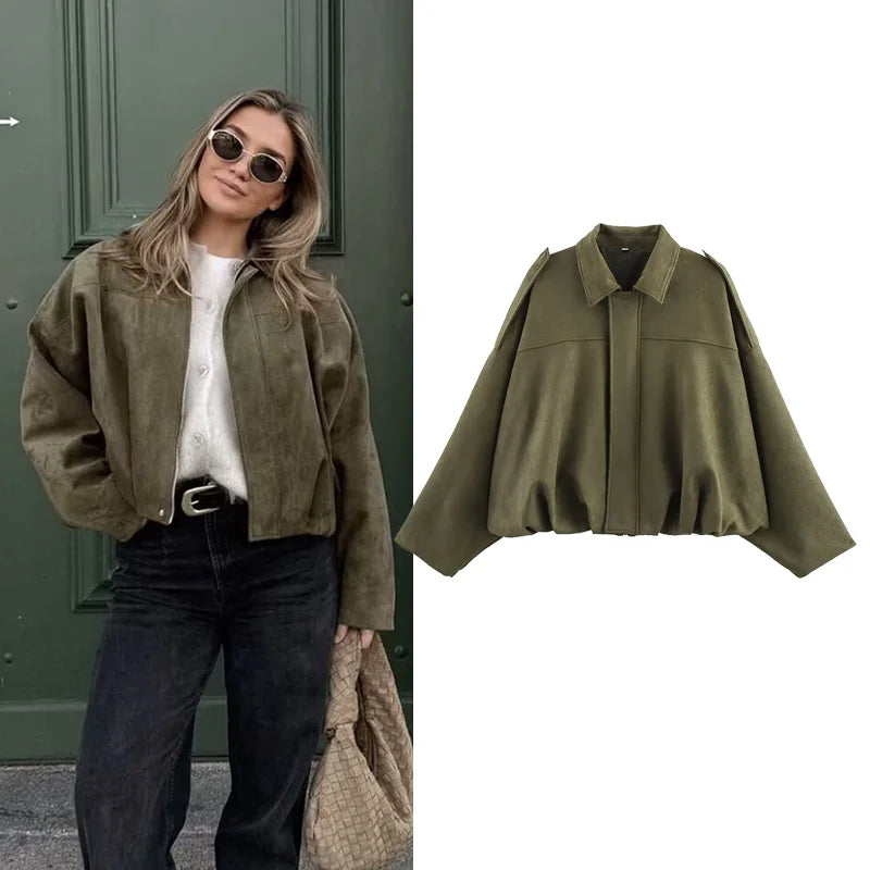 Women's Bomber Jackets Coats Fashion Turn-down Collar Long Sleeve Loose Coats