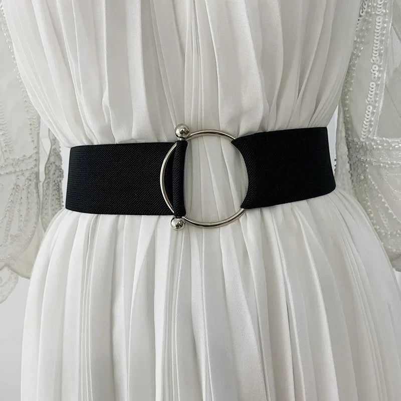 Belts for Women Black Simple Waist Elastic Ladies Band Round Buckle