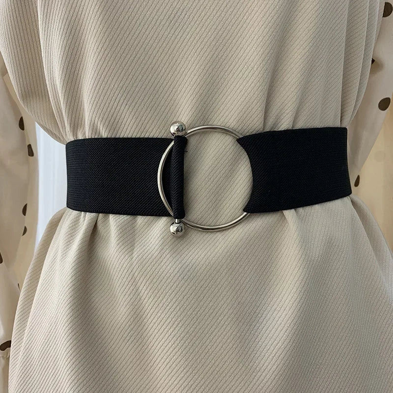 Belts for Women Black Simple Waist Elastic Ladies Band Round Buckle