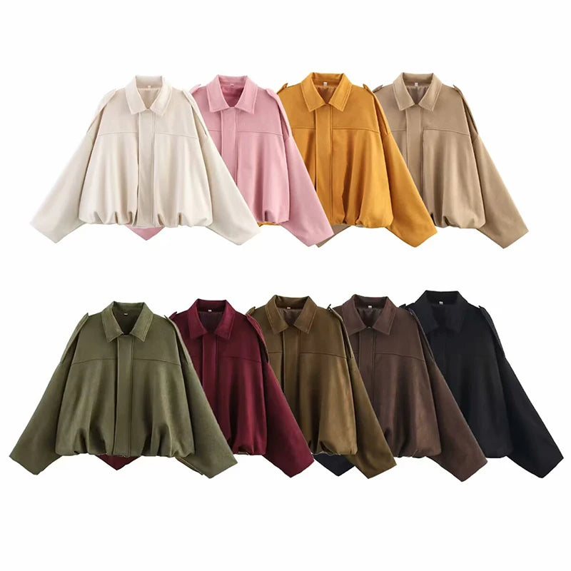 Women's Bomber Jackets Coats Fashion Turn-down Collar Long Sleeve Loose Coats