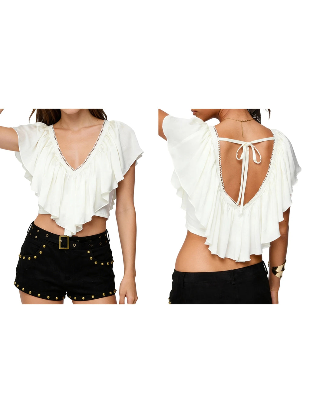 Women's Ruffled Crop Tops Fashionable Solid Color Lace Trim Tie Back V Neck Blouse