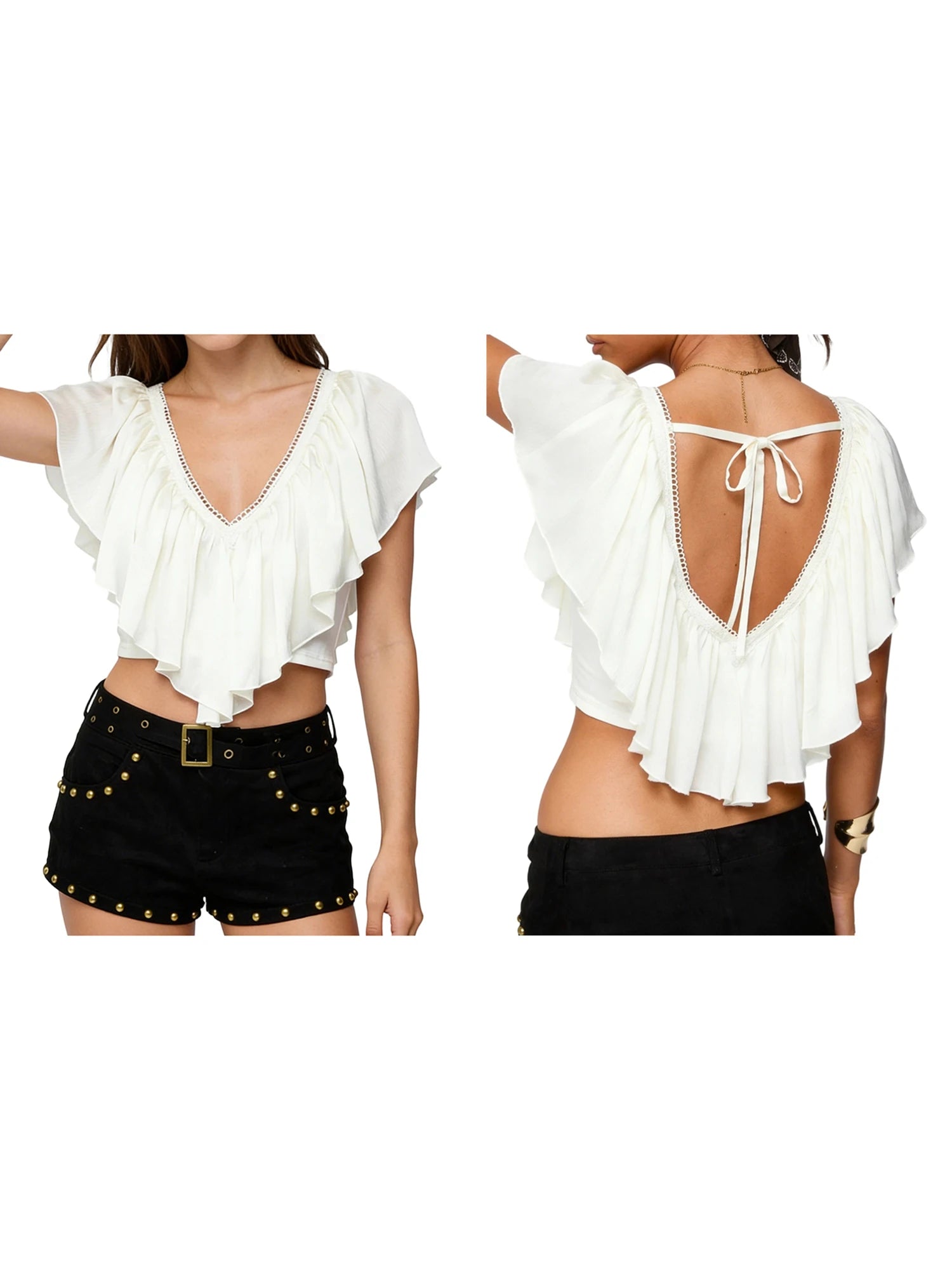 Women's Ruffled Crop Tops Fashionable Solid Color Lace Trim Tie Back V Neck Blouse