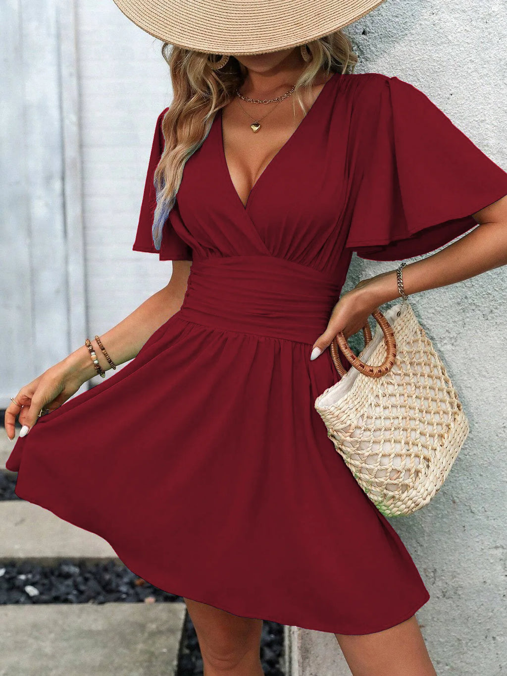 Woman Summer New Arrival V-Neck Ruffled Sleeve Dress
